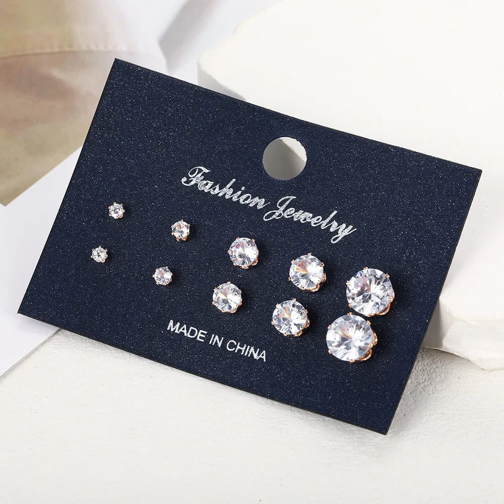 5-Pair Zircon Stud Earrings Set