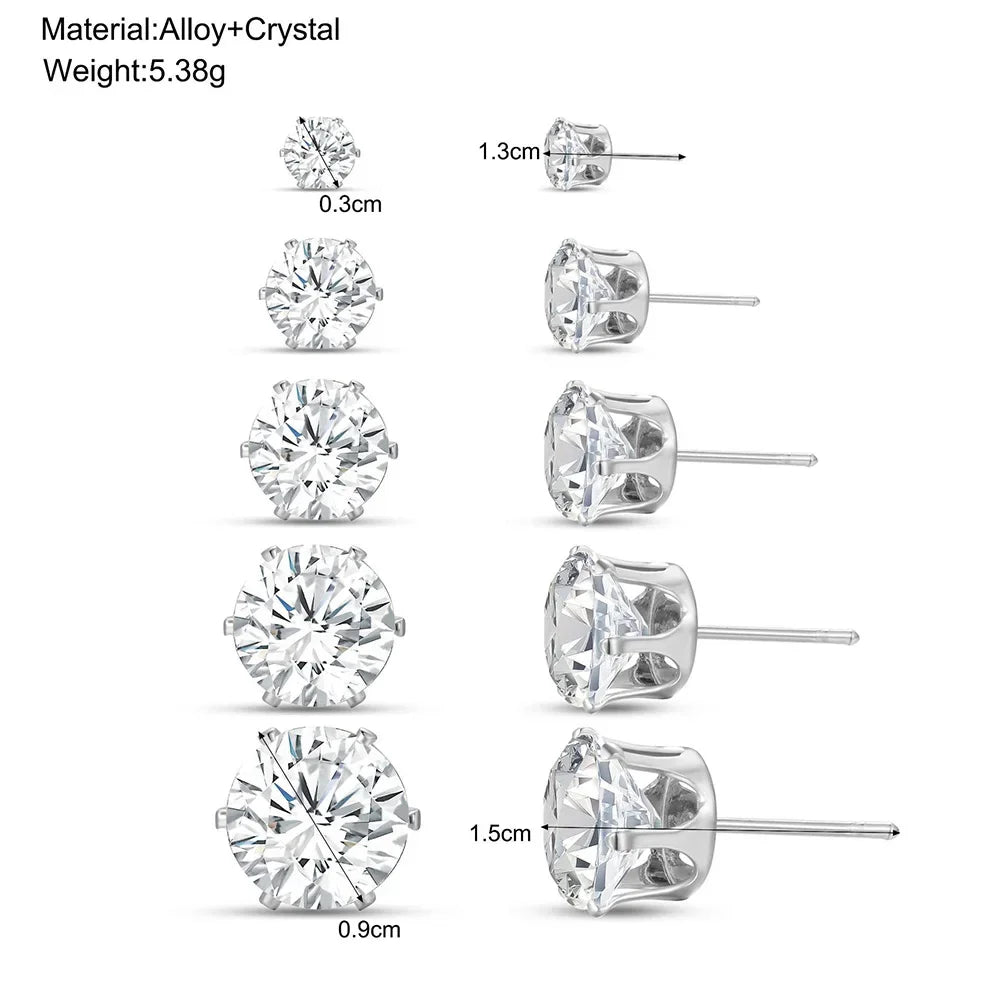 5-Pair Zircon Stud Earrings Set