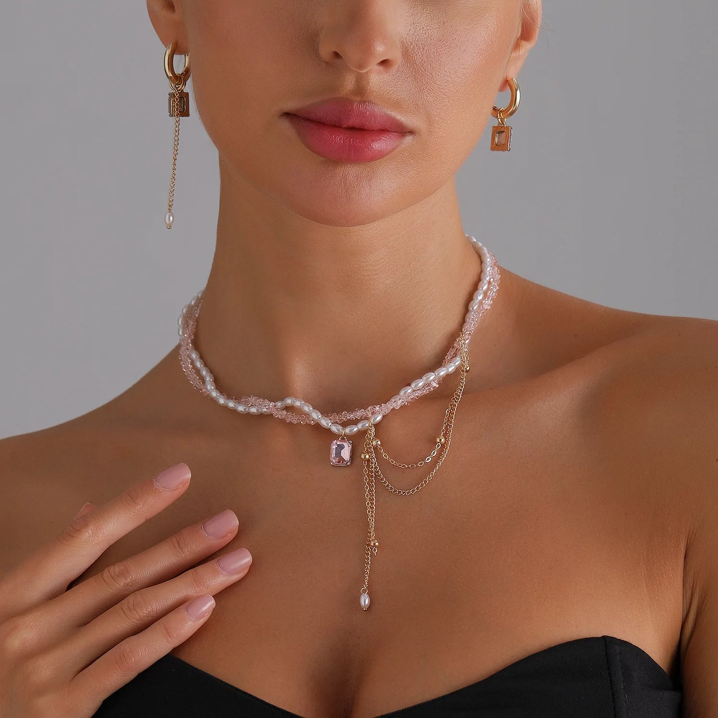 Crystal Bead Tassel Necklace Set