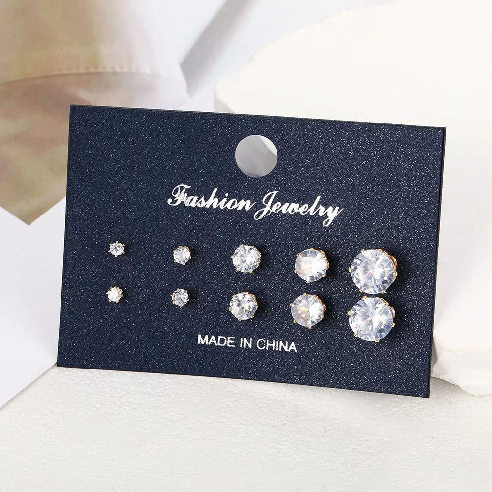 5-Pair Zircon Stud Earrings Set